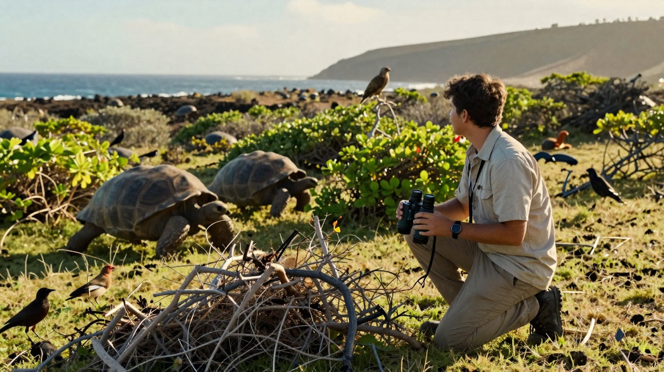 Man with binoculars observing giant tortoises and birds on a grassy coastal landscape with hills in the background.