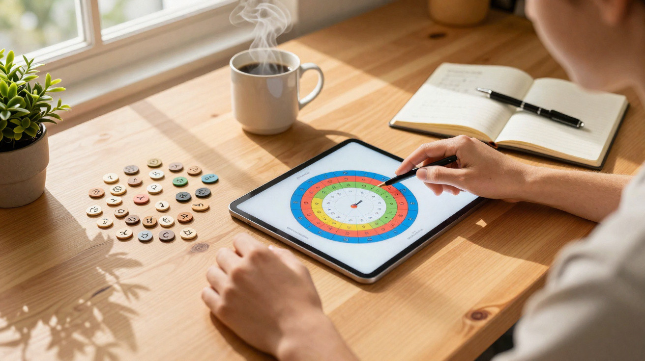 Person using a stylus on a colourful dartboard displayed on a tablet at a wooden desk with coffee and notebook.