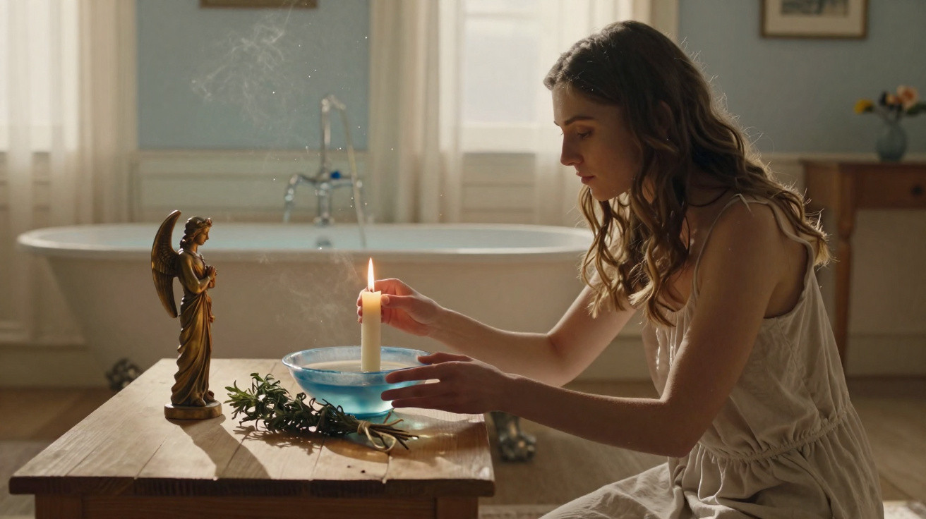 Young woman lighting a candle at a wooden table with an angel statue and herbs in a softly lit room.