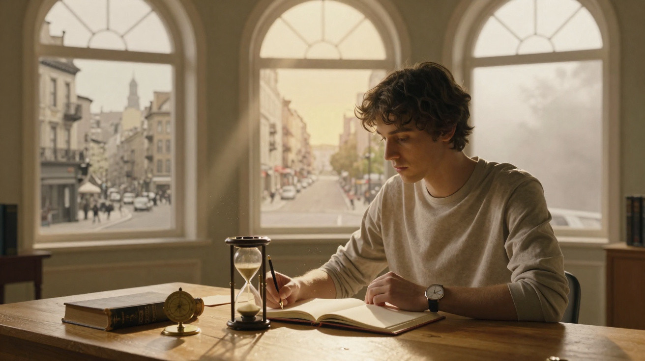 Young man writing in a notebook at a wooden table near large arched windows with a city view in soft daylight.
