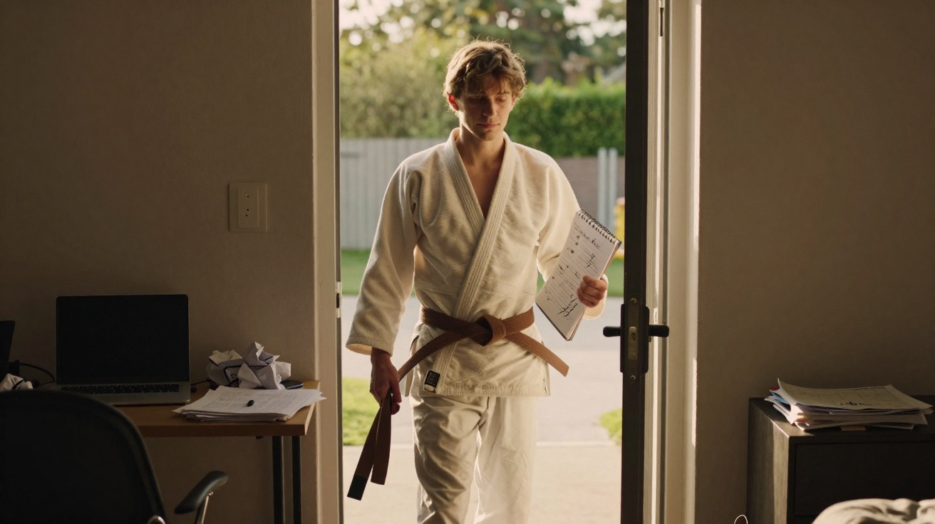 Young man in a karate gi with a brown belt entering a room holding a clipboard and papers.