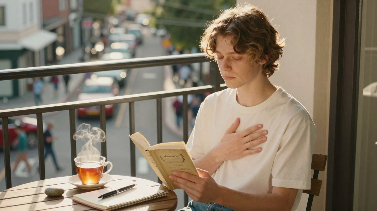 Young person reads a book aloud with hand on chest on a balcony table with steaming tea and notebook.