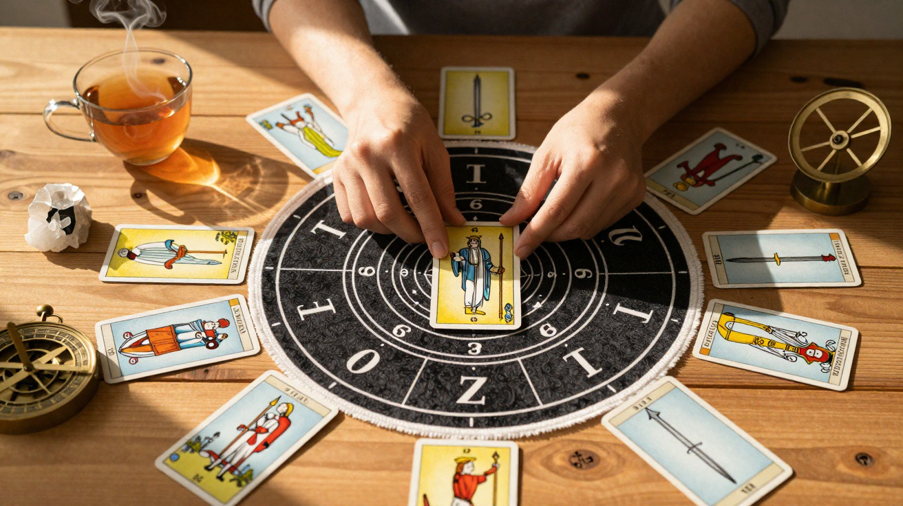 Person arranging tarot cards on a circular cloth with a cup of steaming tea and a compass on the table.