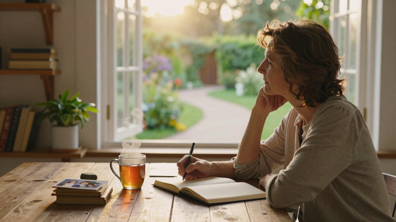 Woman writing in notebook beside steaming cup of tea at window overlooking garden path in soft sunlight