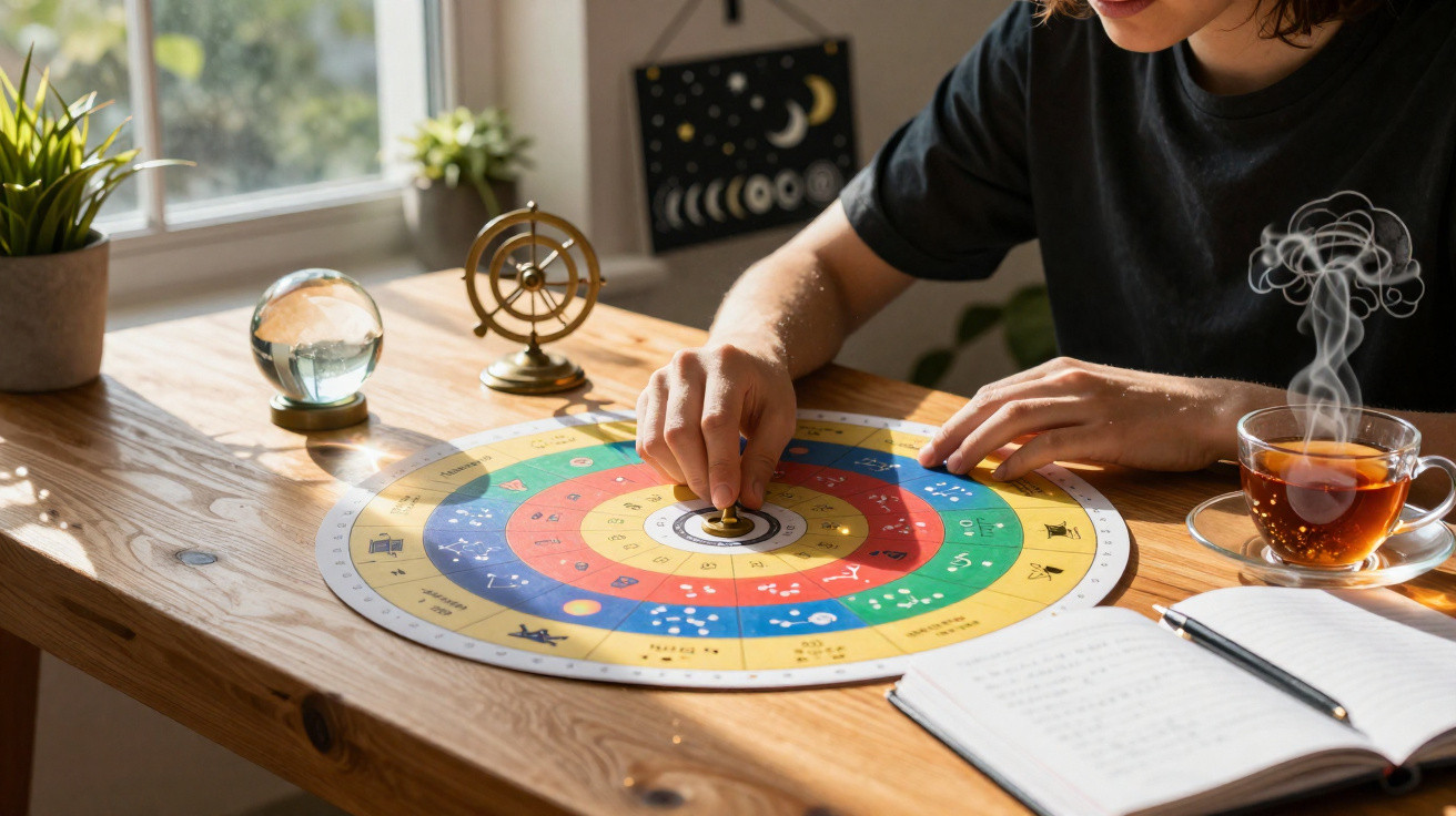Person studying a colourful zodiac wheel with a notebook, pen, steaming tea, and astrological objects on a wooden table.