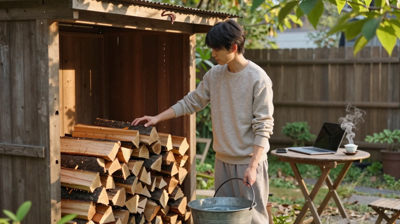 Person in casual clothes holding a metal bucket, stacking firewood under a wooden shelter in a garden.