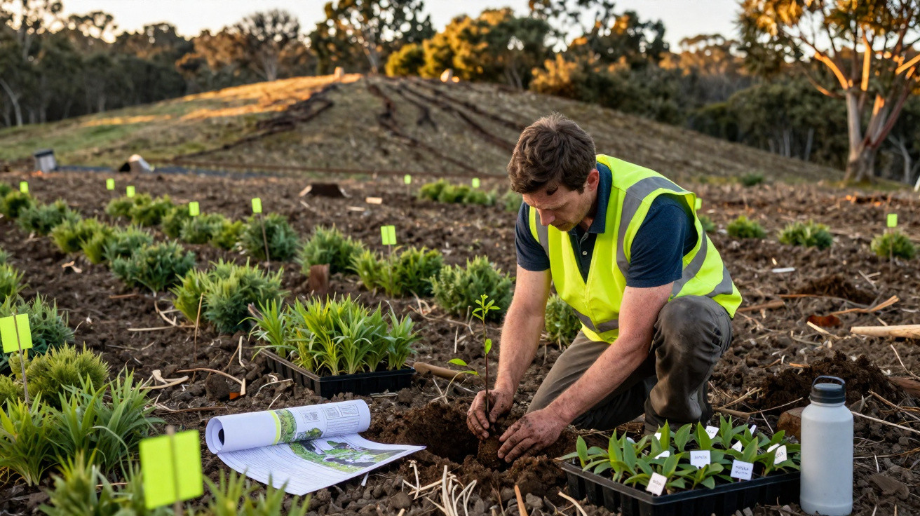 Man in a high-visibility vest planting seedlings in a garden with seedlings trays and planting plans nearby.