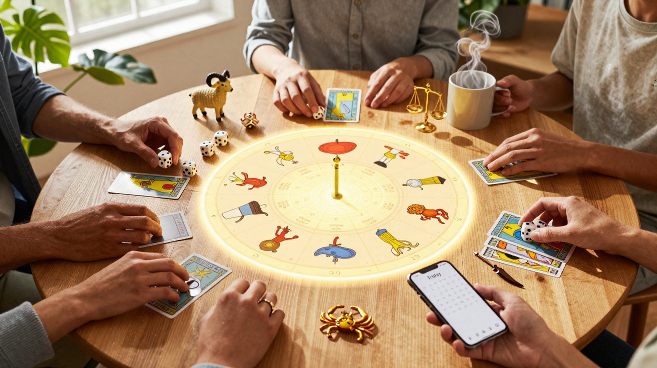 People gathered around a round table playing a zodiac-themed board game with cards, dice, and figurines.