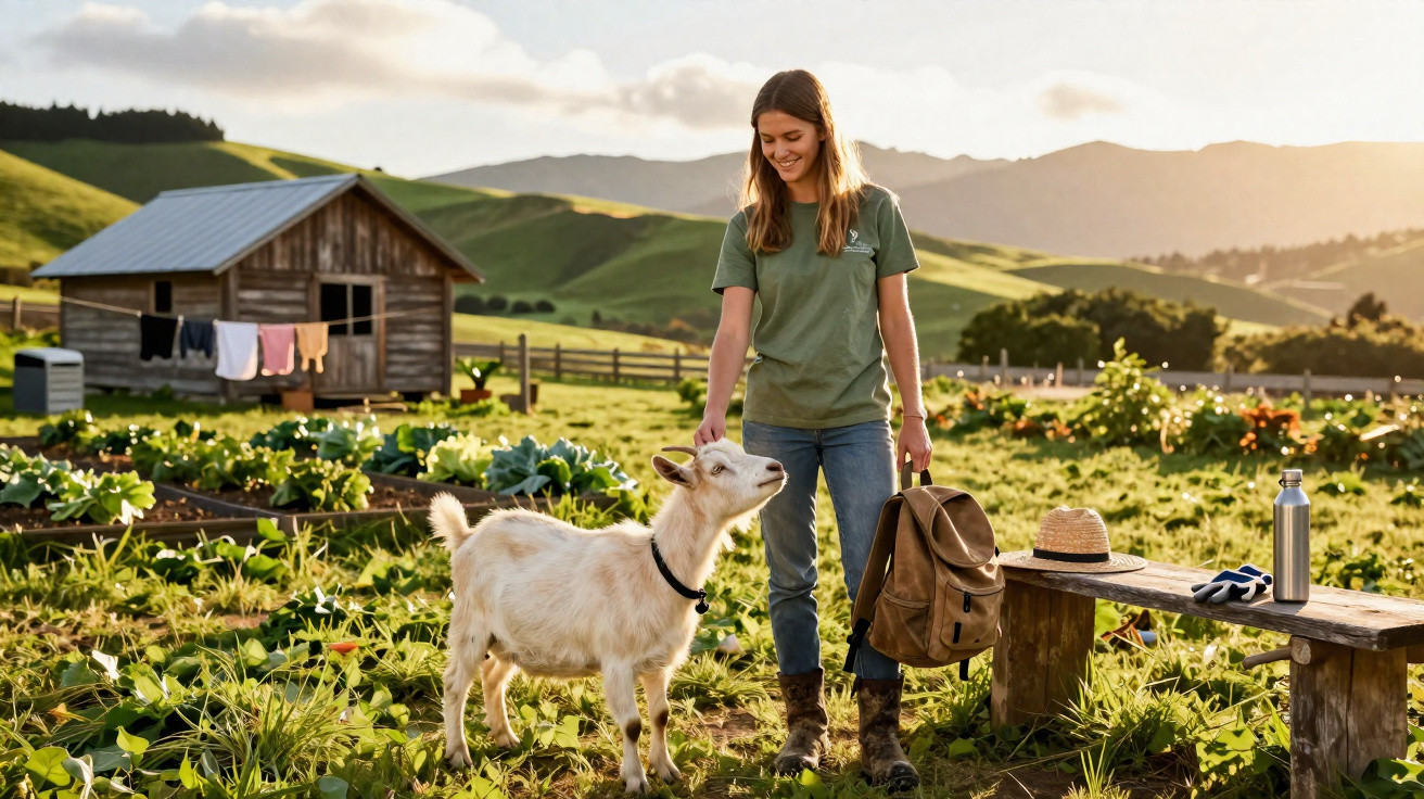 Young woman petting a white goat in a sunlit rural garden with hills and a wooden shed in the background.