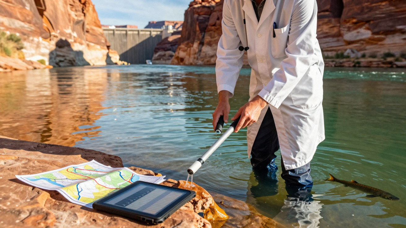Scientist in a lab coat standing in water testing a sample with a map and tablet on rocks nearby.
