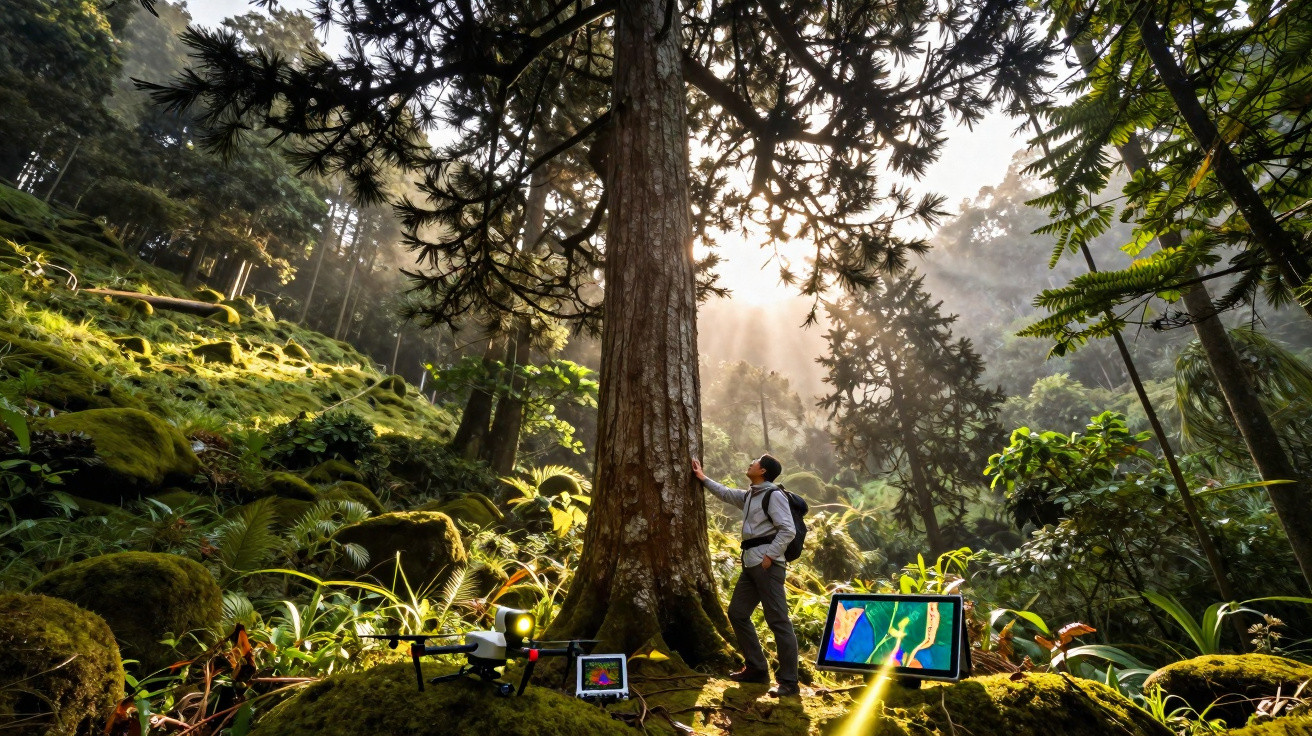 Person with a backpack examining a large tree in sunlight in a dense, green forest with tech equipment nearby.