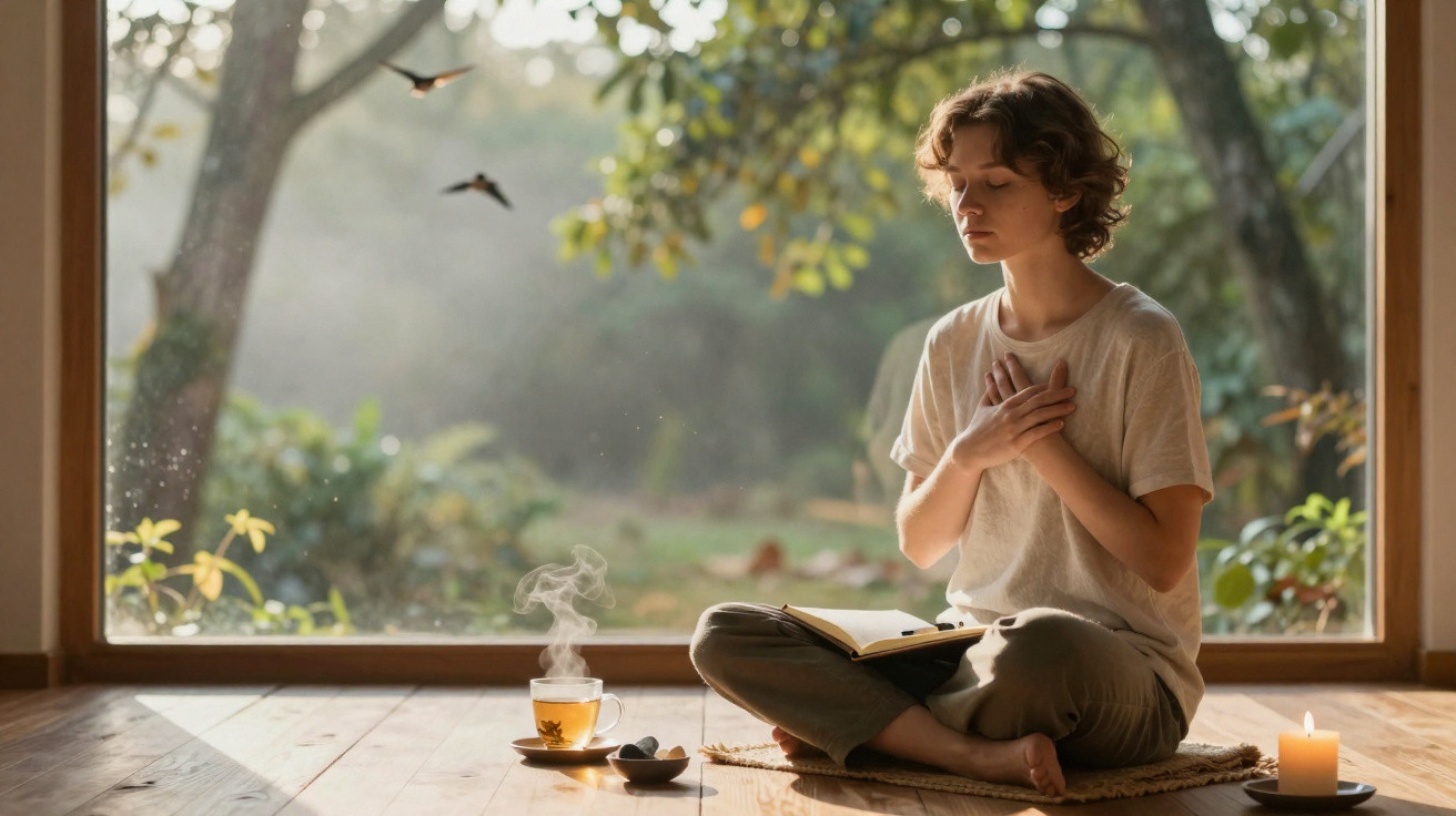 Person meditating cross-legged indoors by a large window with a teacup, candle, and open book nearby.