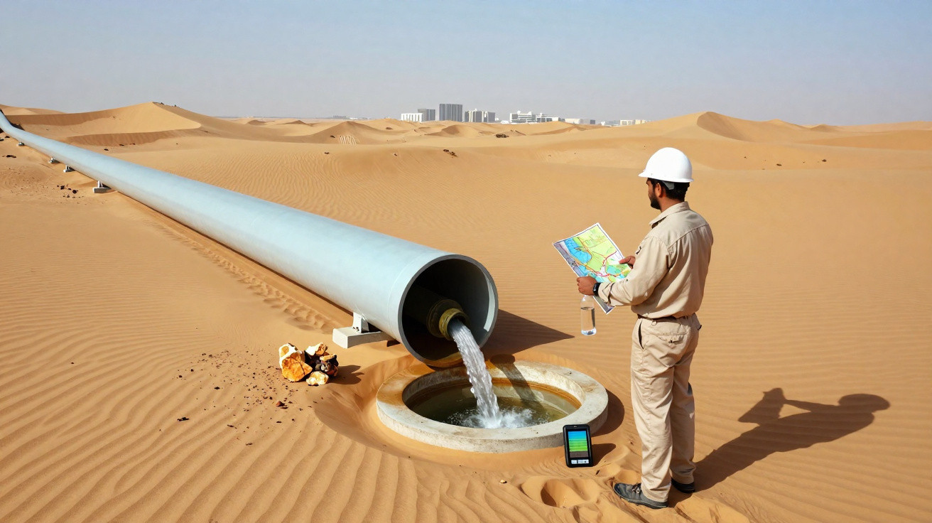 Engineer in desert overseeing water flow from large pipeline into circular reservoir with city skyline in background