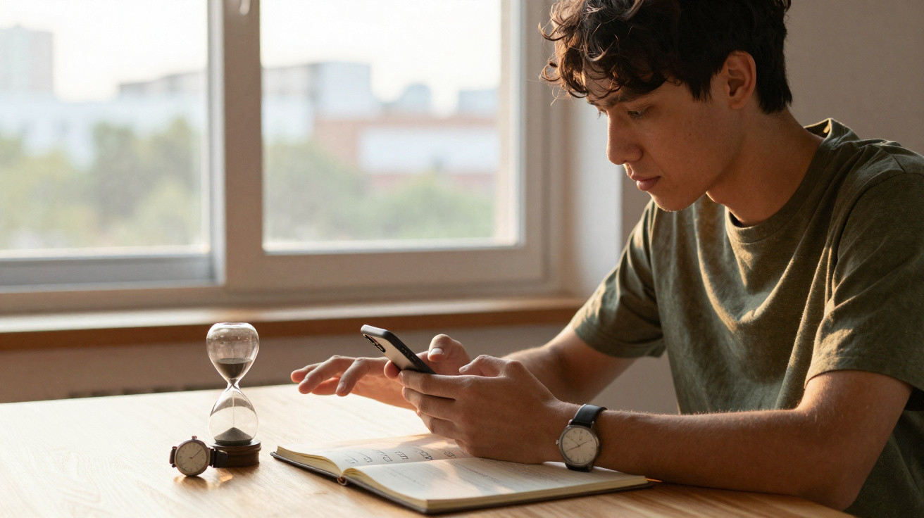 Young man sitting at a table with an open notebook, checking his phone next to an hourglass and wristwatch.