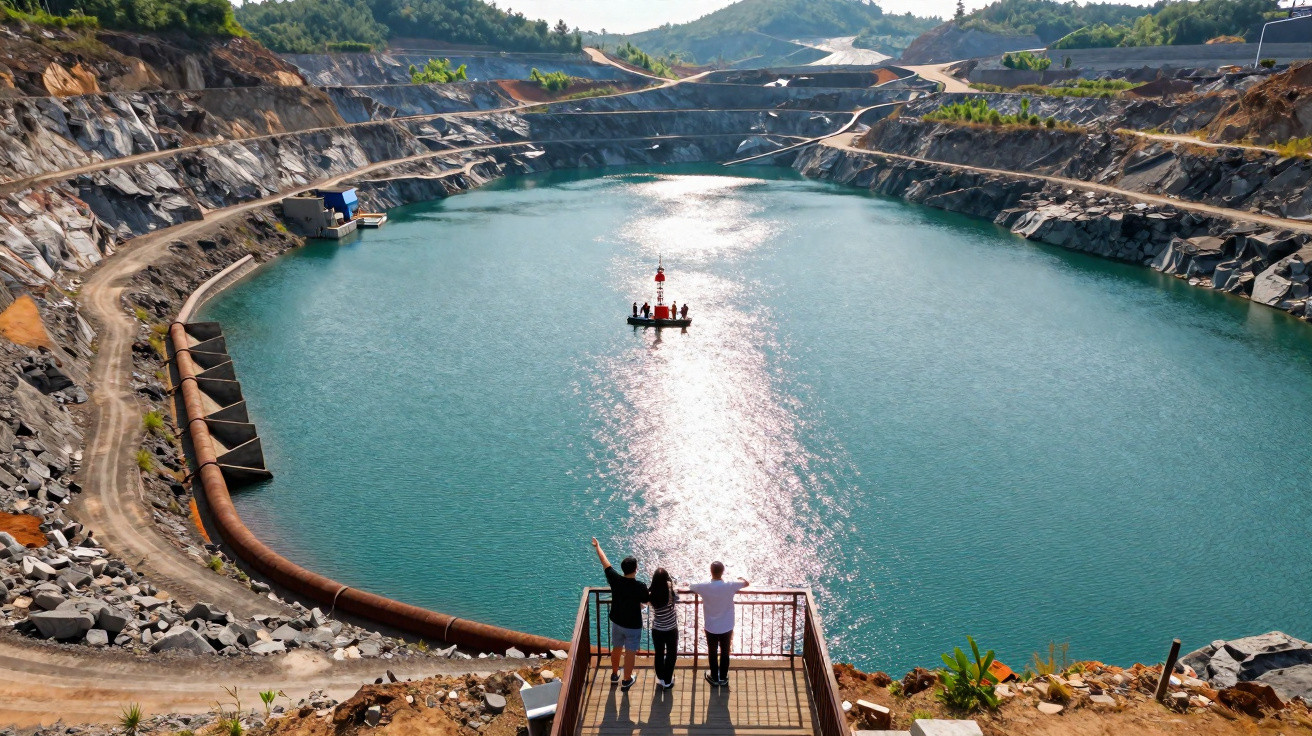 Three people standing on a platform overlooking a large turquoise water reservoir in a rocky quarry.