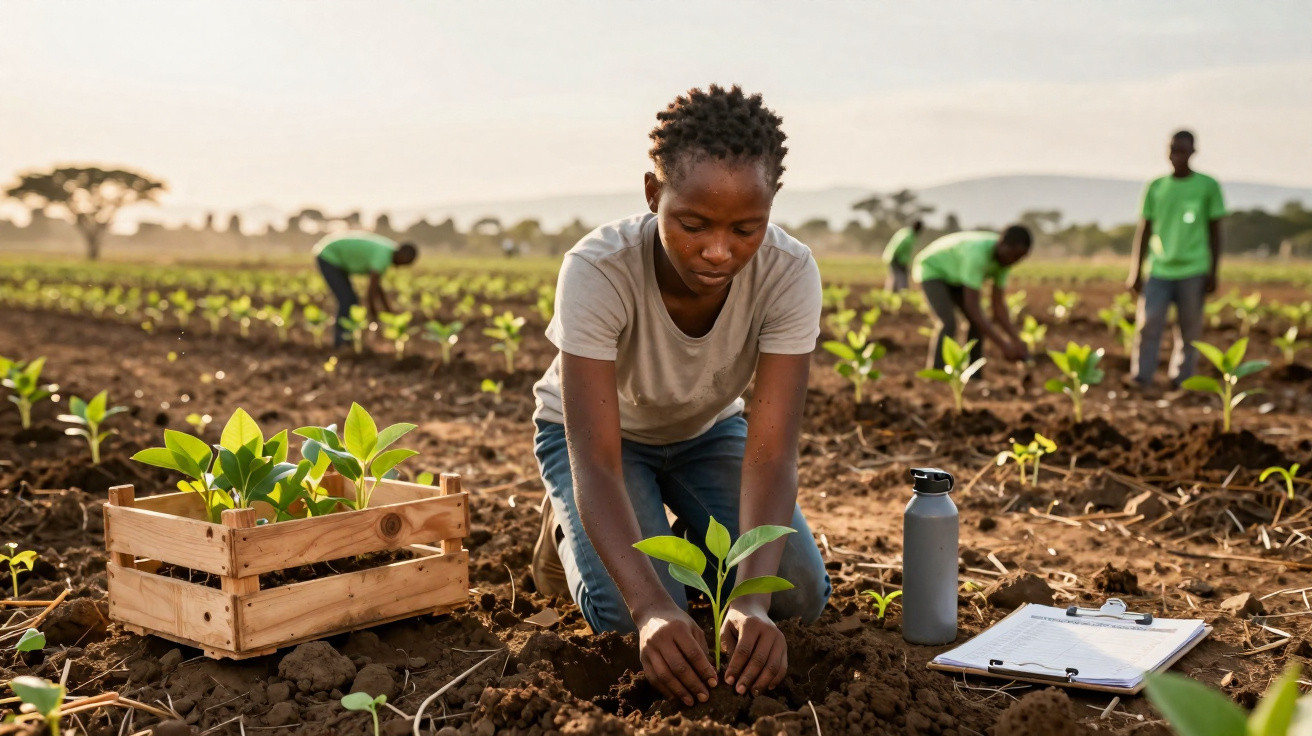Young person planting a seedling in a field with others working and a crate of plants nearby on a sunny day.