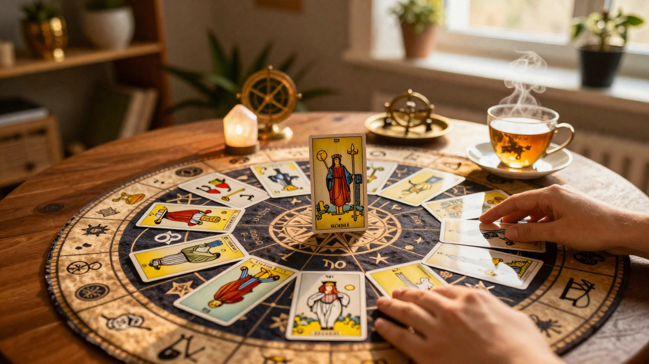 Hands arranging tarot cards on a zodiac mat with a glowing candle and steaming tea on a wooden table.