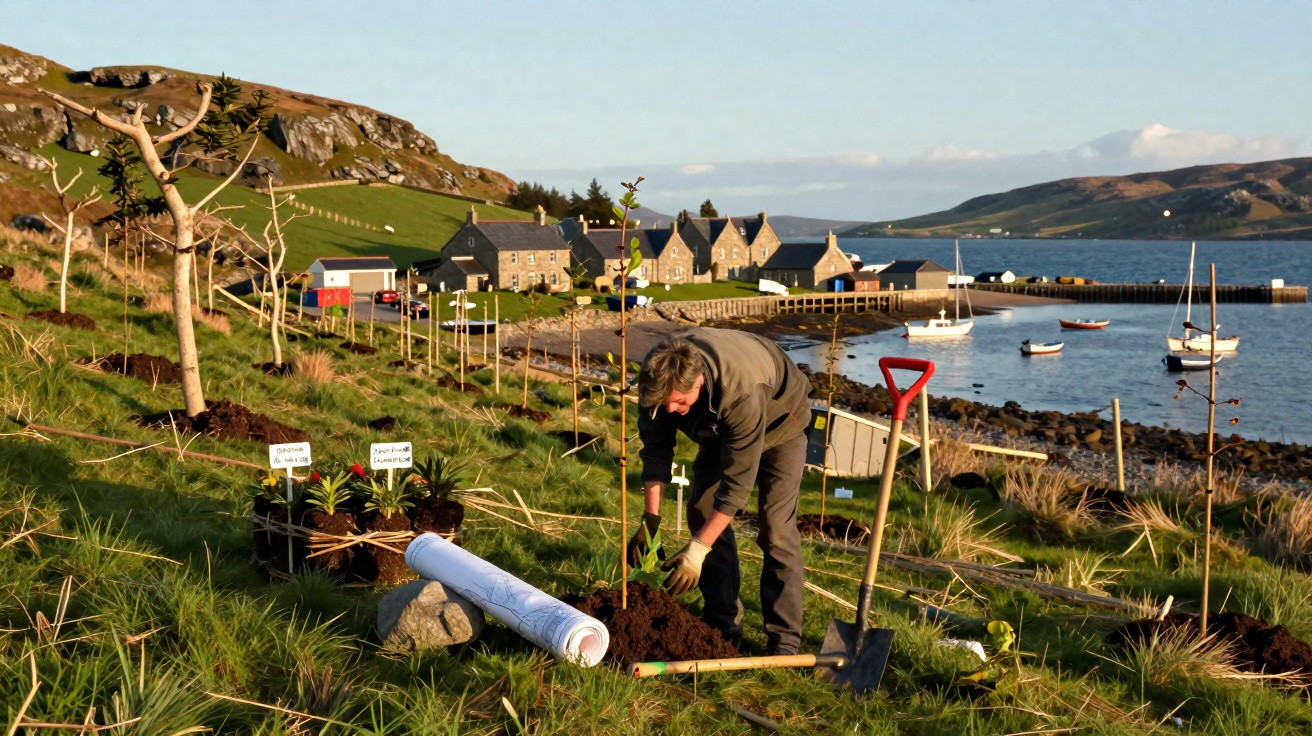 Person planting trees on a grassy hillside near a seaside village with boats in the water.