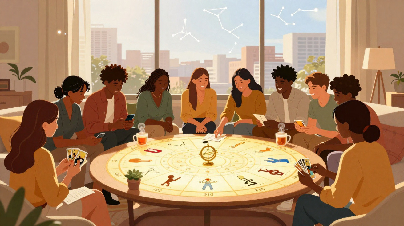 Group of diverse people sitting around a table with zodiac signs, playing a card game in a sunny room.