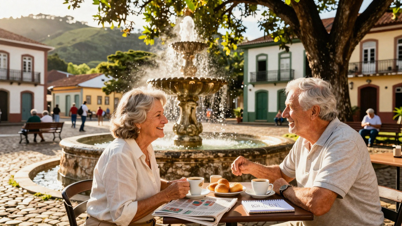 Elderly couple enjoying coffee and pastries at an outdoor table near a fountain in a sunny town square.