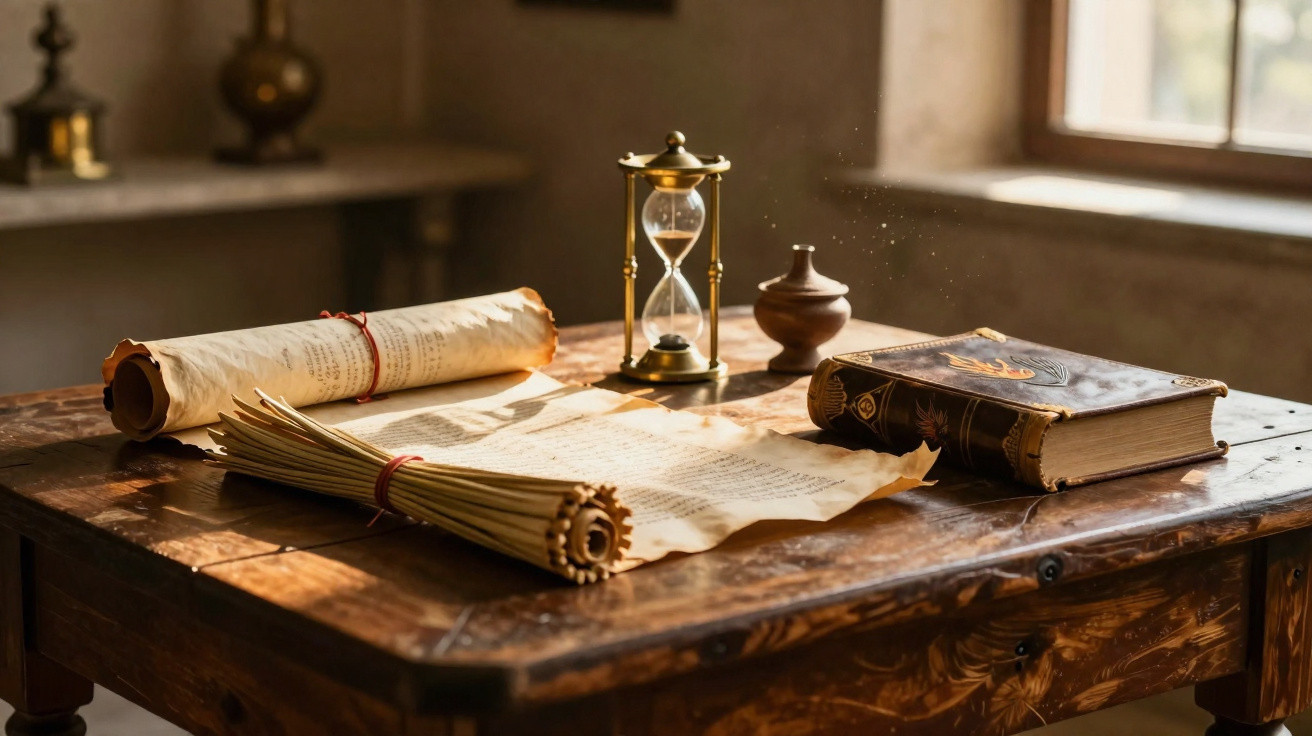 Antique wooden table with old scrolls, a leather-bound book, an hourglass, and an ink pot by a window.