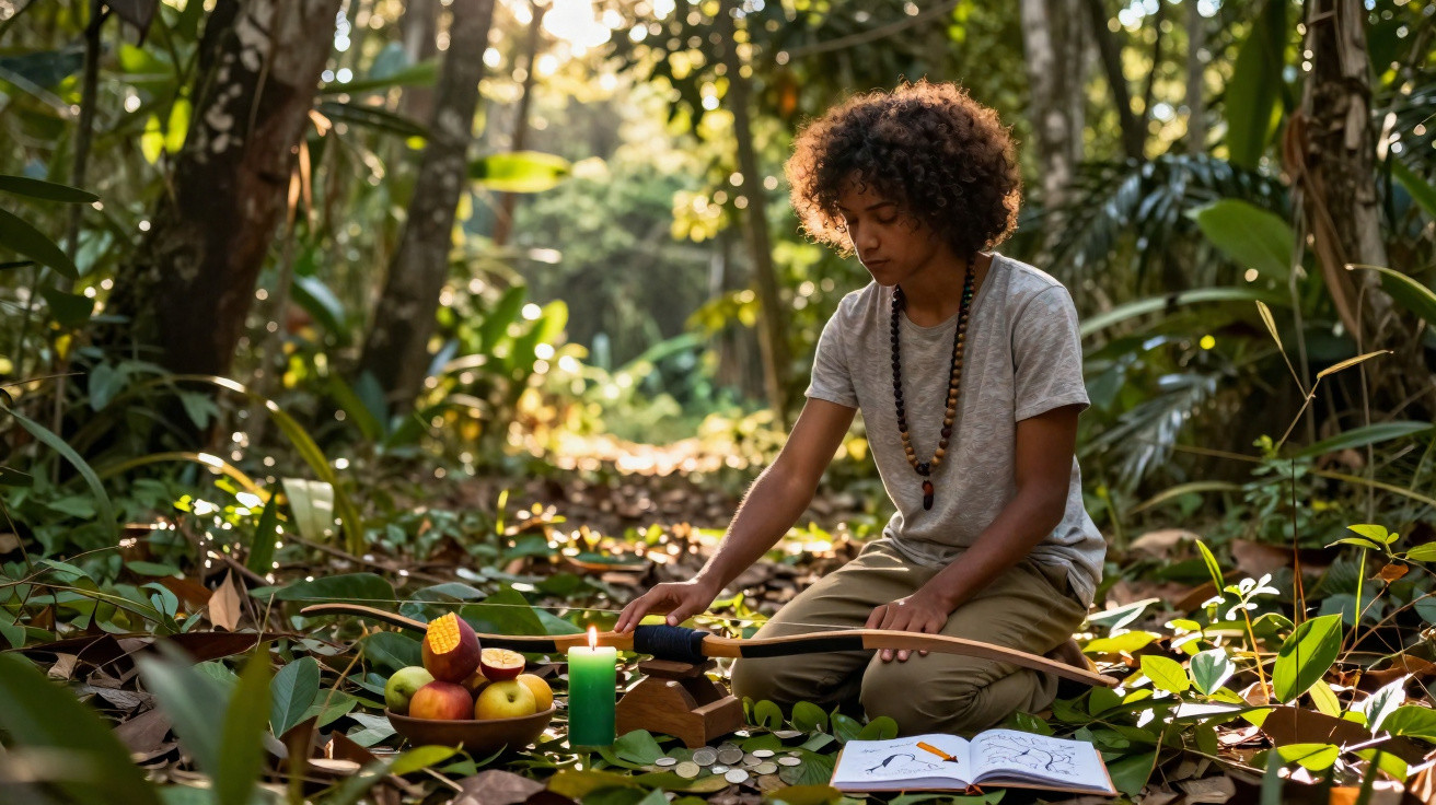 Young person sitting in forest with bow, arrow, fruit, coins, candle, and open book on the ground.