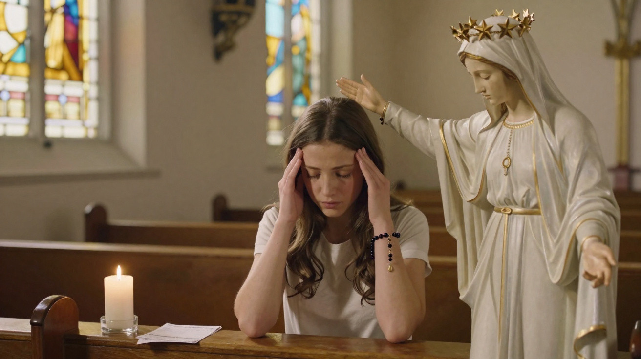 Young woman praying with rosary in church pew beside statue of Virgin Mary and lit candle
