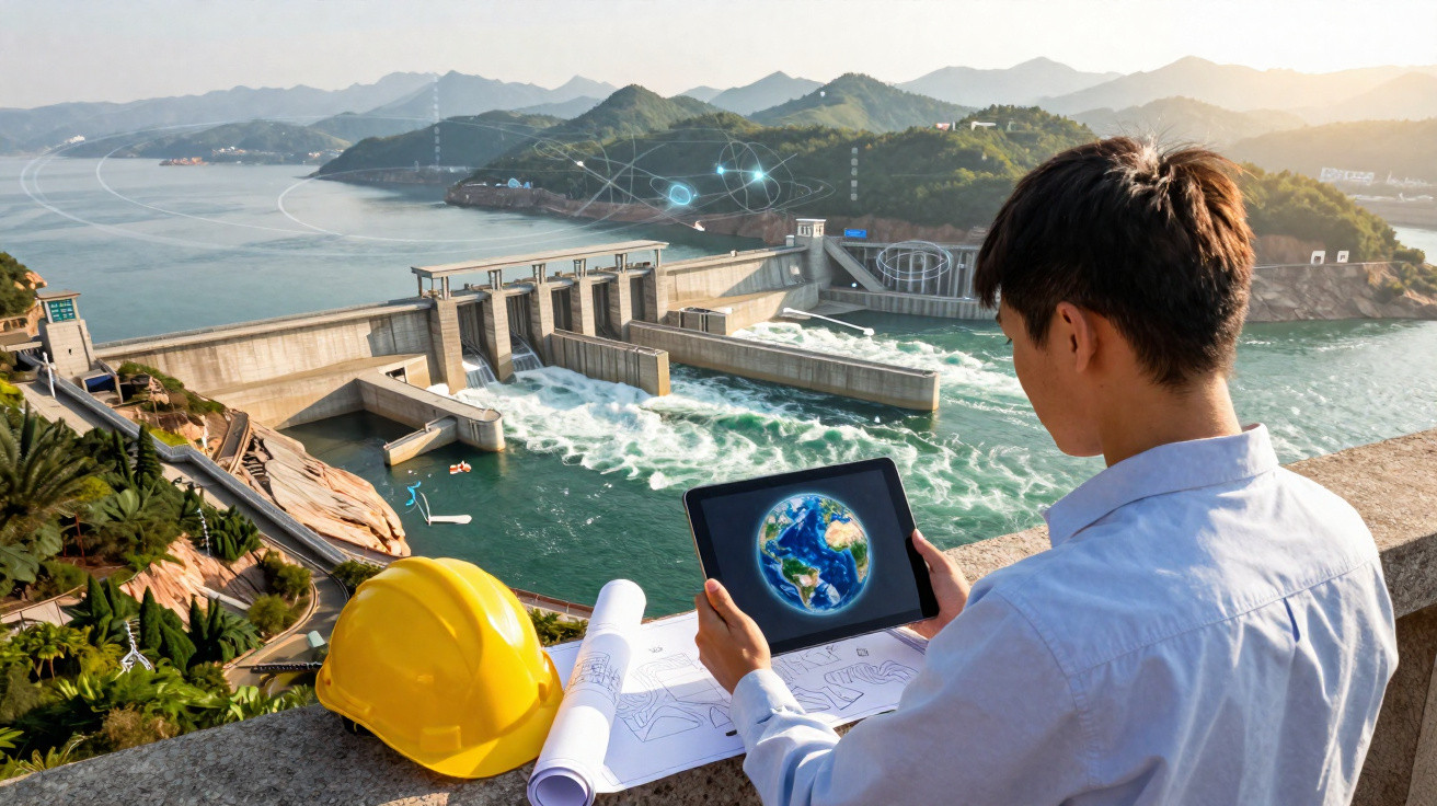 Engineer with tablet showing Earth image overlooking a dam with flowing water and surrounding hills.
