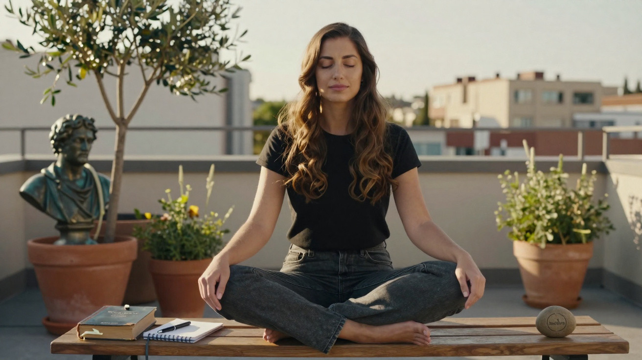 Young woman meditating cross-legged on a bench on a rooftop surrounded by potted plants and books.