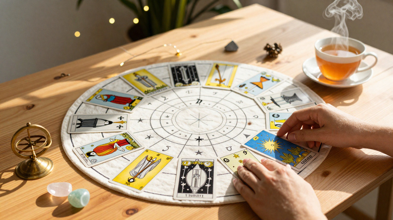 Hands arranging tarot cards on a circular cloth with zodiac symbols, beside crystals and a steaming cup of tea.