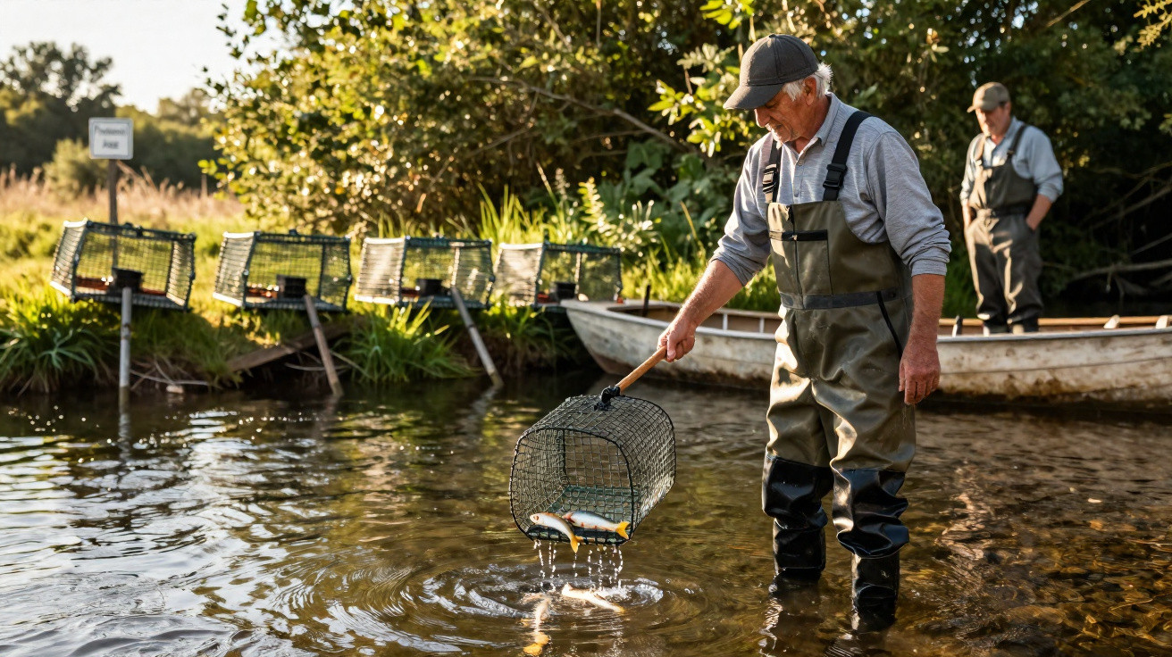 Two fishermen in waterproof gear catching fish in a shallow river near a boat and fish traps on the bank.