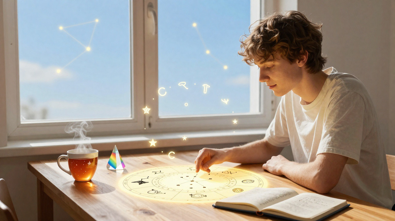 Young man studying a glowing zodiac chart with magical symbols floating above a wooden table by a window.