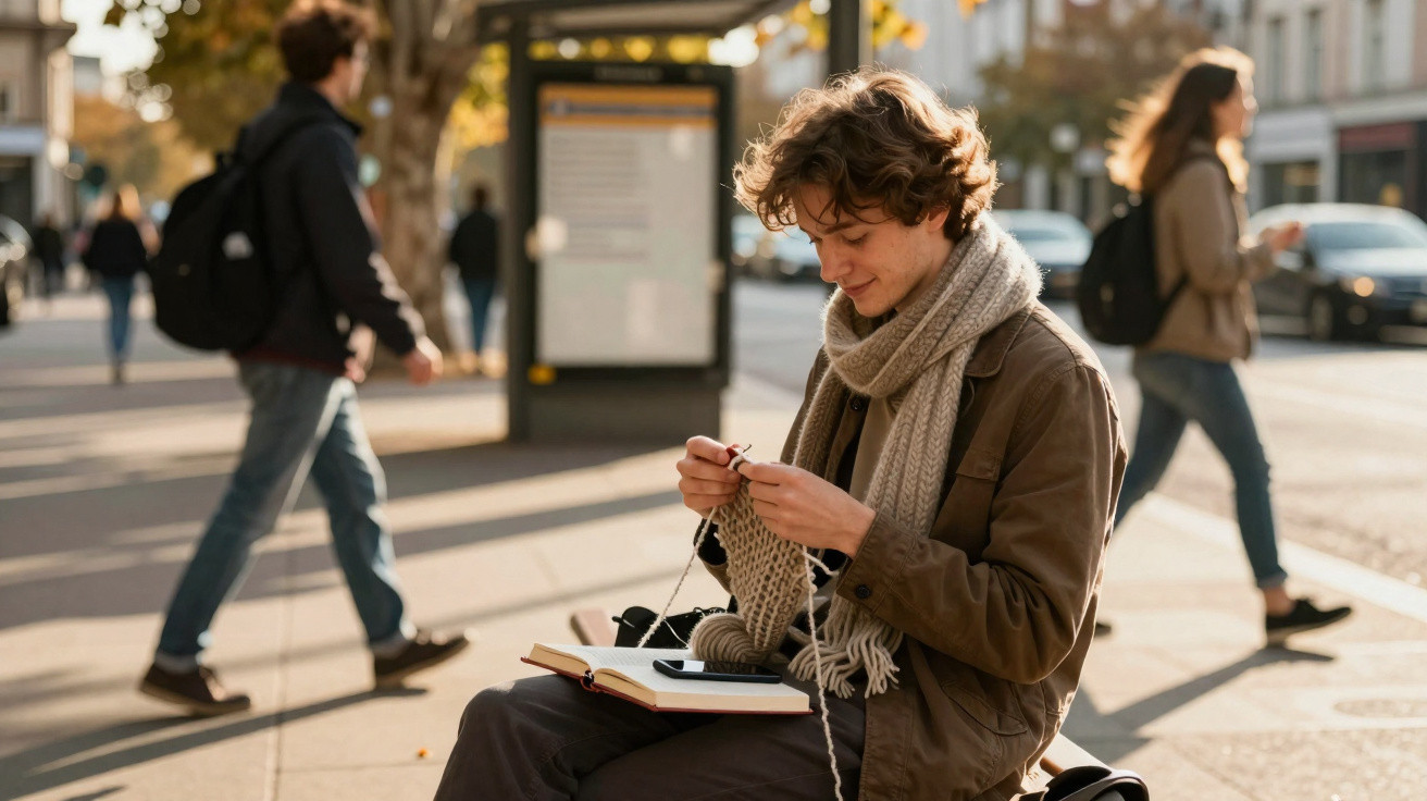Young person knitting on a city bench with a book and phone, pedestrians walking past on a sunny day.
