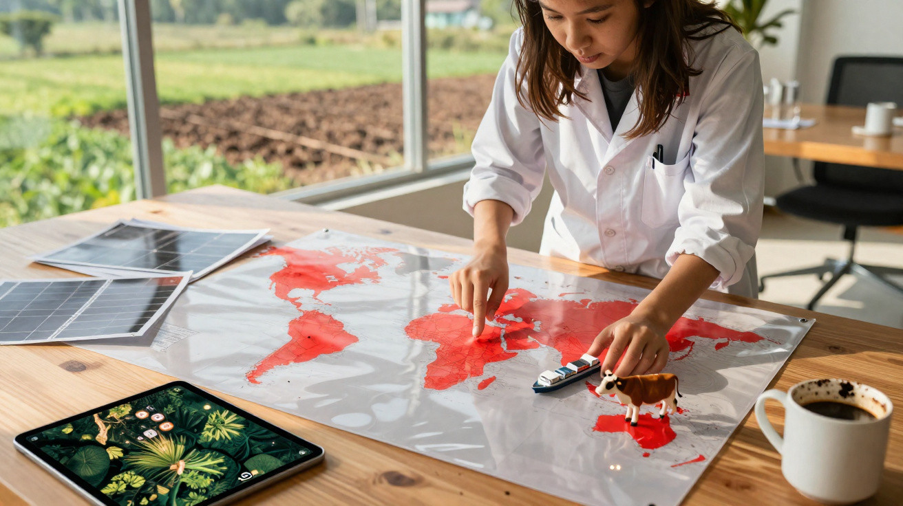 Scientist in a white coat pointing at a world map with toy boat and cow on a wooden table by a window.
