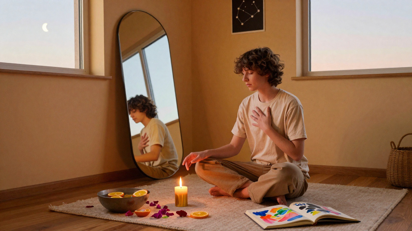 Young person meditating by candlelight on a rug with art supplies, orange slices, and rose petals nearby.