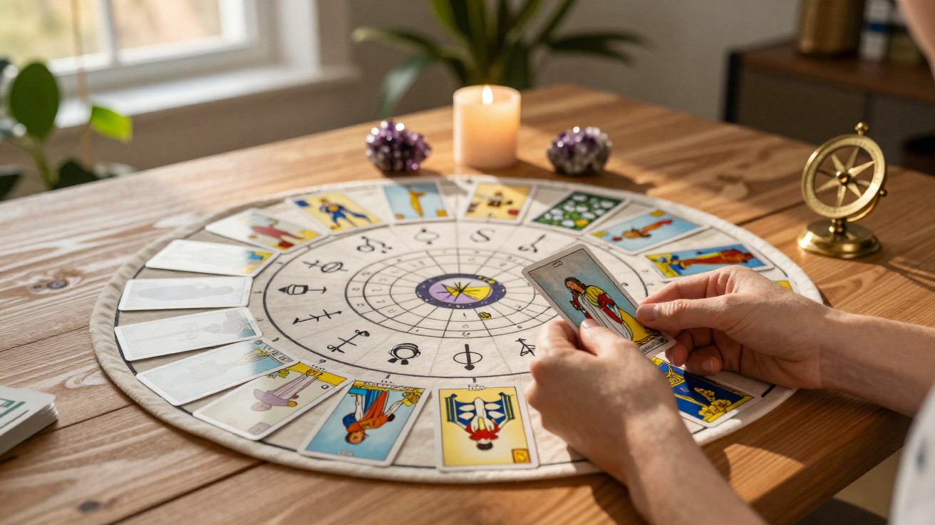 Hands holding tarot cards over a circular zodiac chart on a wooden table with a candle and compass.