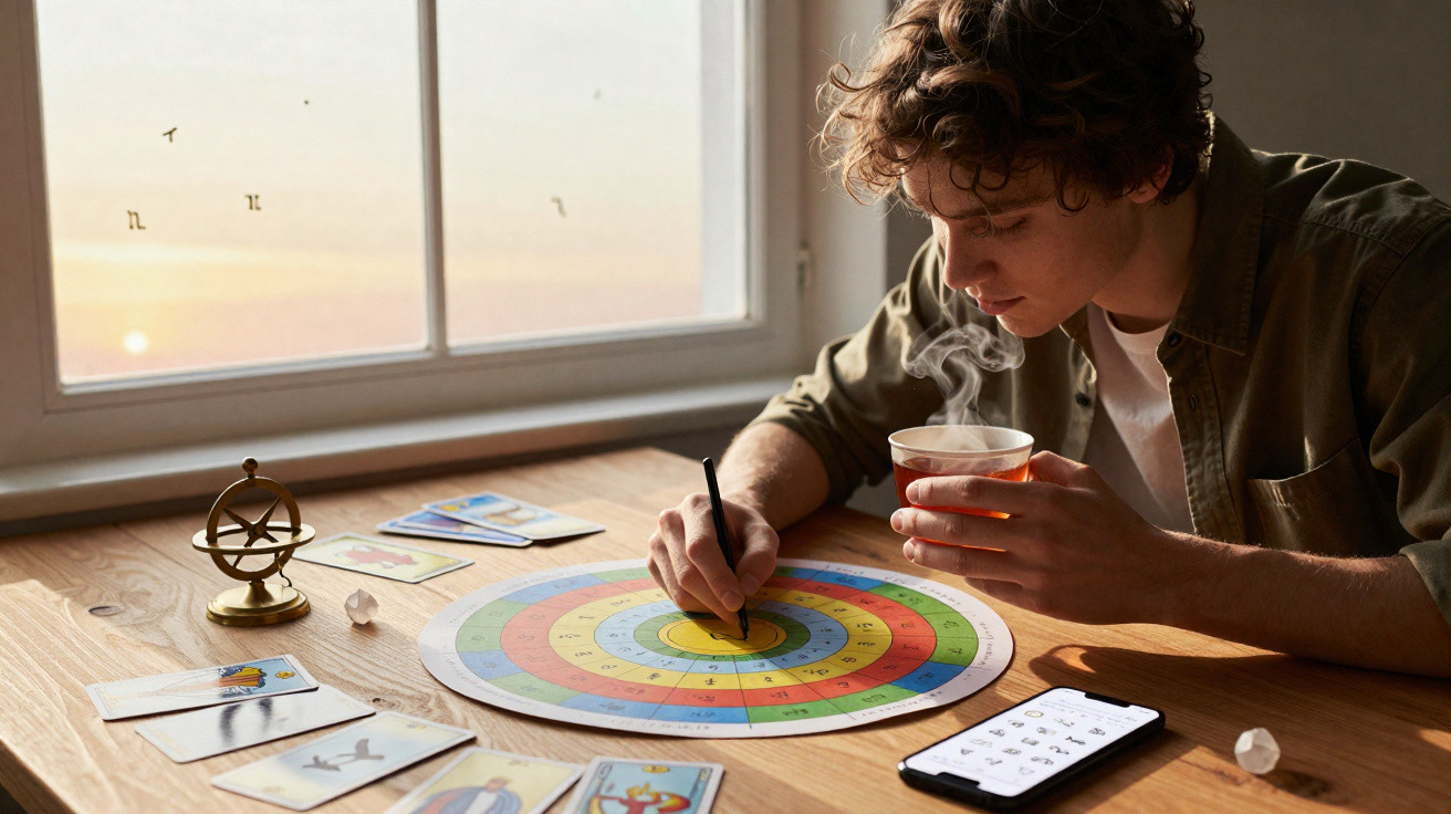 Young man holding a steaming cup while writing on a colourful circular chart at a wooden table near a window.