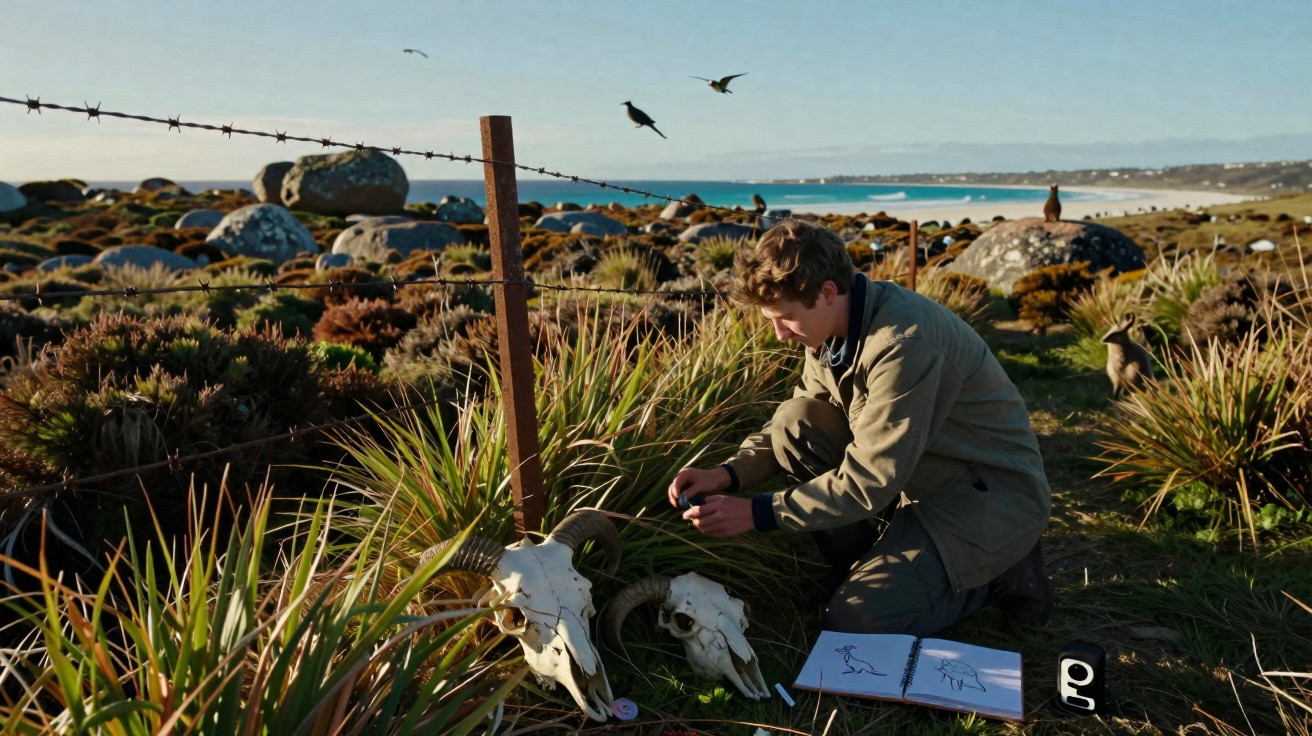 Person sketching animal skulls in a coastal landscape with rocks, birds, and grass under a clear sky.