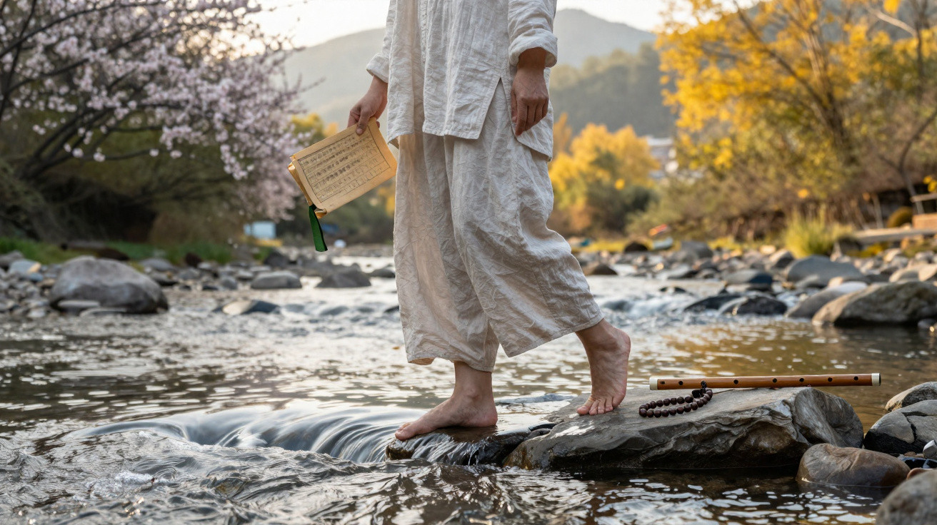 Person in loose white clothing standing barefoot on river rocks holding a folding fan, with a flute and beads nearby.