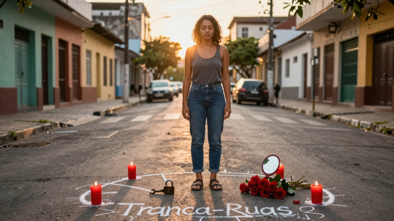 Woman standing inside a chalk circle on a street with red candles, roses, and a padlock at sunset.