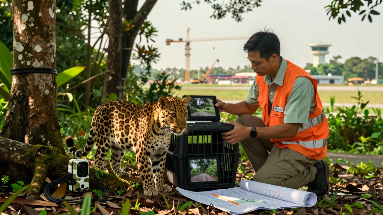 Wildlife researcher in orange vest releasing a tagged leopard from a crate in a forested area.