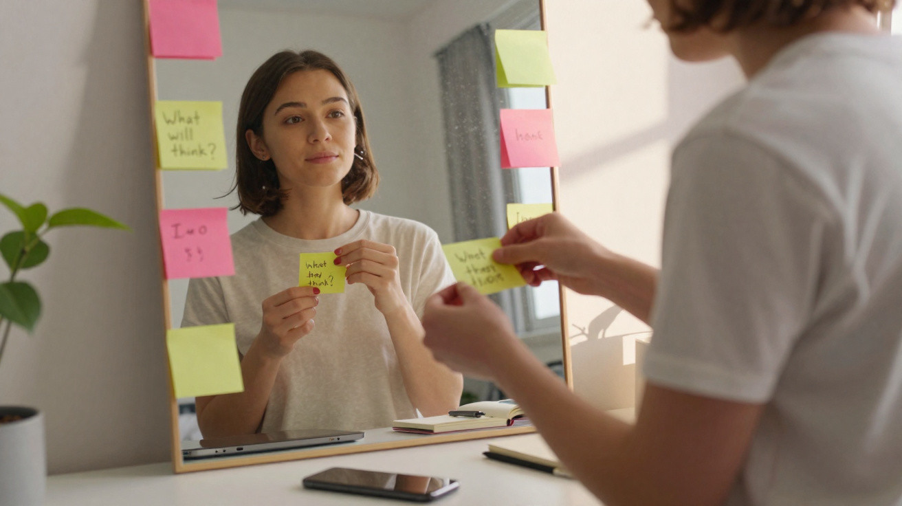 Young woman looking at sticky notes on a mirror while sitting at a desk with a phone and notebook.