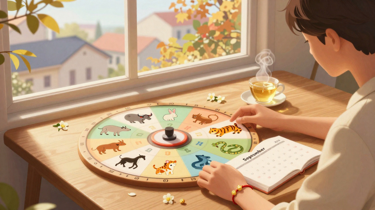 Person spinning a zodiac wheel on a wooden desk with a steaming cup of tea by a window.