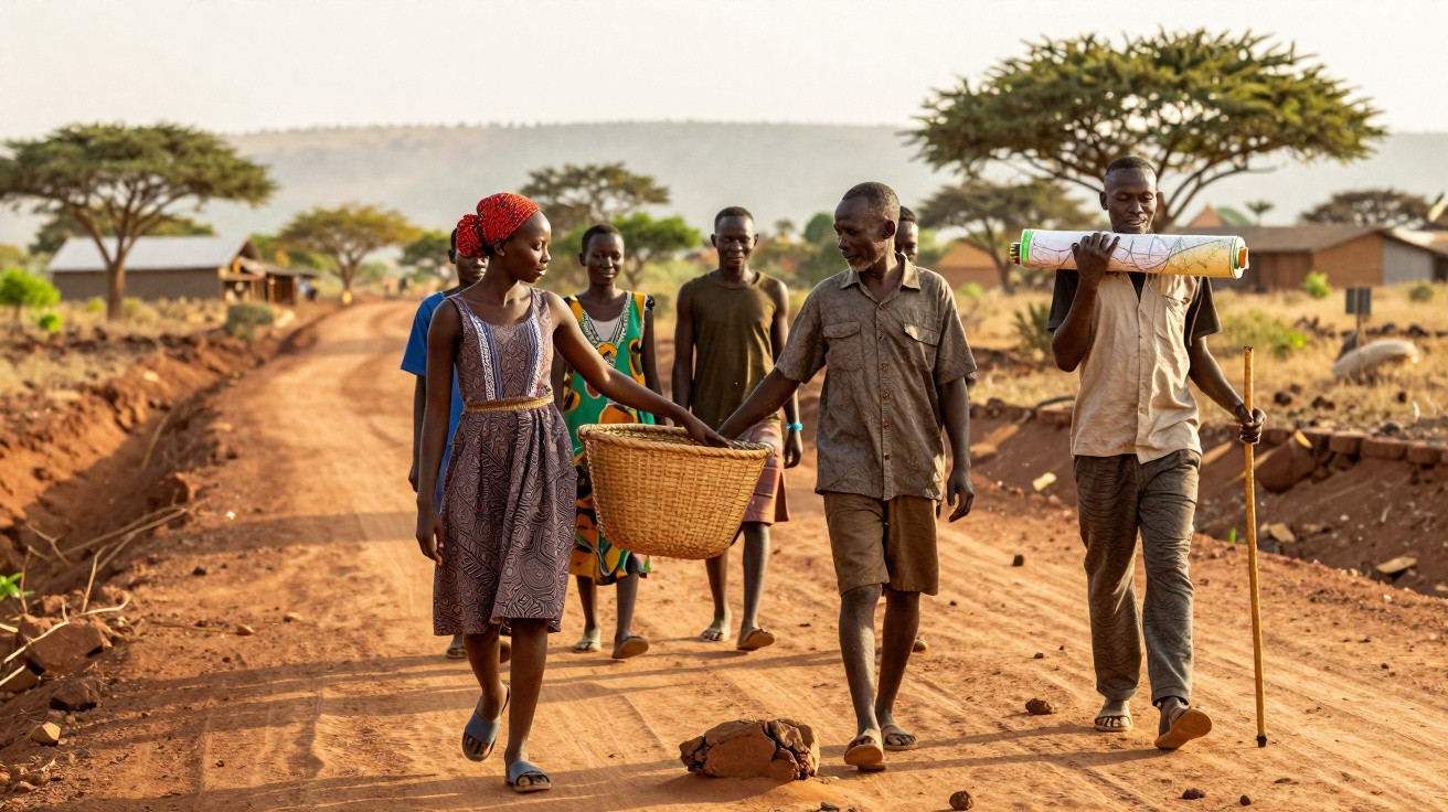 A group of African people walking on a dirt road in a rural area with trees and houses in the background.