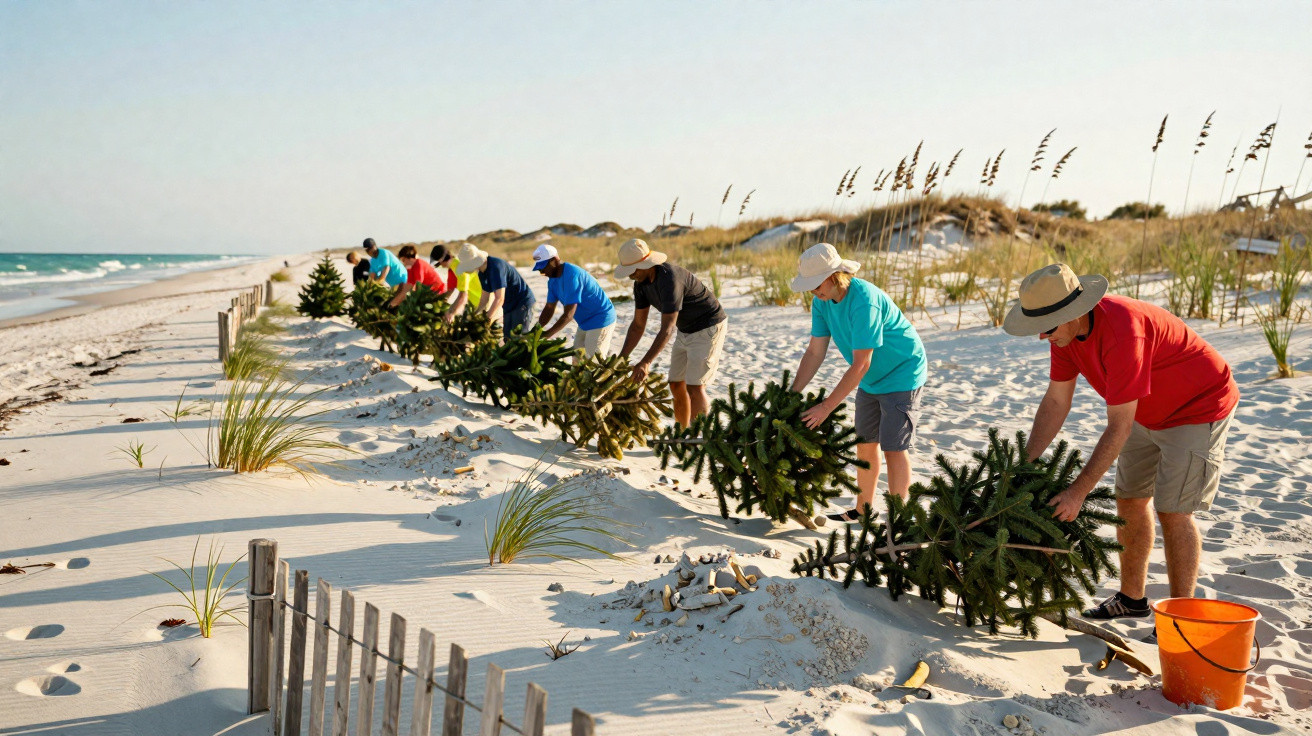 Group of people placing pine trees on sandy beach dunes for erosion control on a sunny day by the sea.