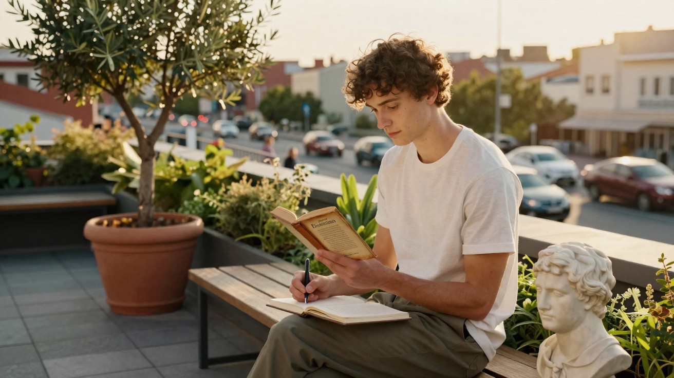 Young man reading a book and taking notes on a bench surrounded by plants on a sunny urban rooftop.