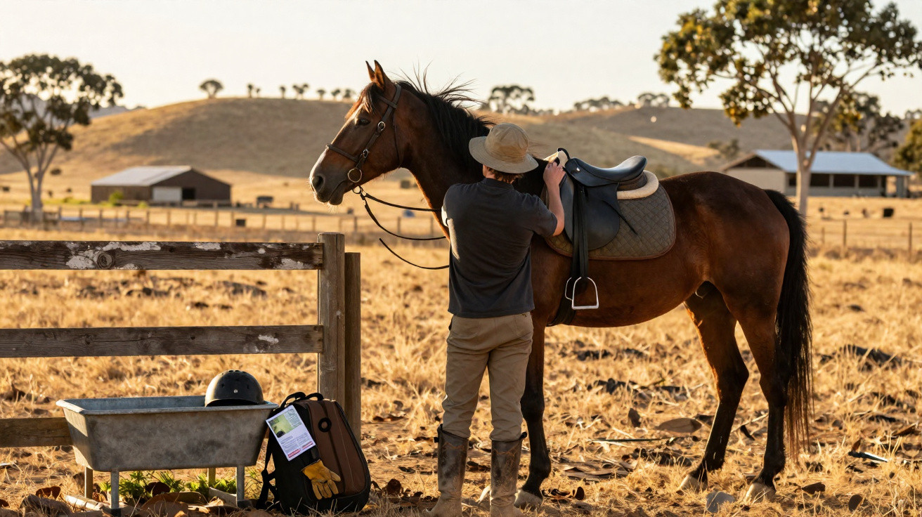 Person wearing a hat saddling a brown horse in a sunlit dry paddock with farm buildings in the background.