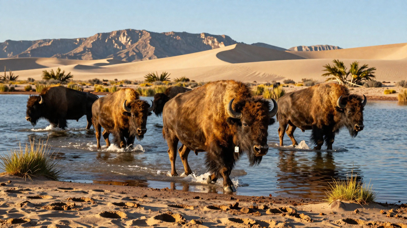 A group of five bison walking through shallow water with desert dunes and mountains in the background.