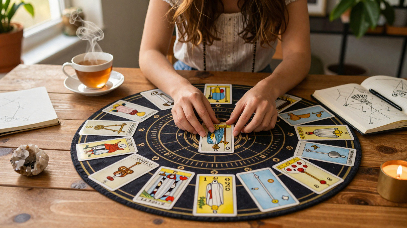 Person arranging tarot cards on a circular zodiac cloth with a steaming cup of tea and notebooks nearby.