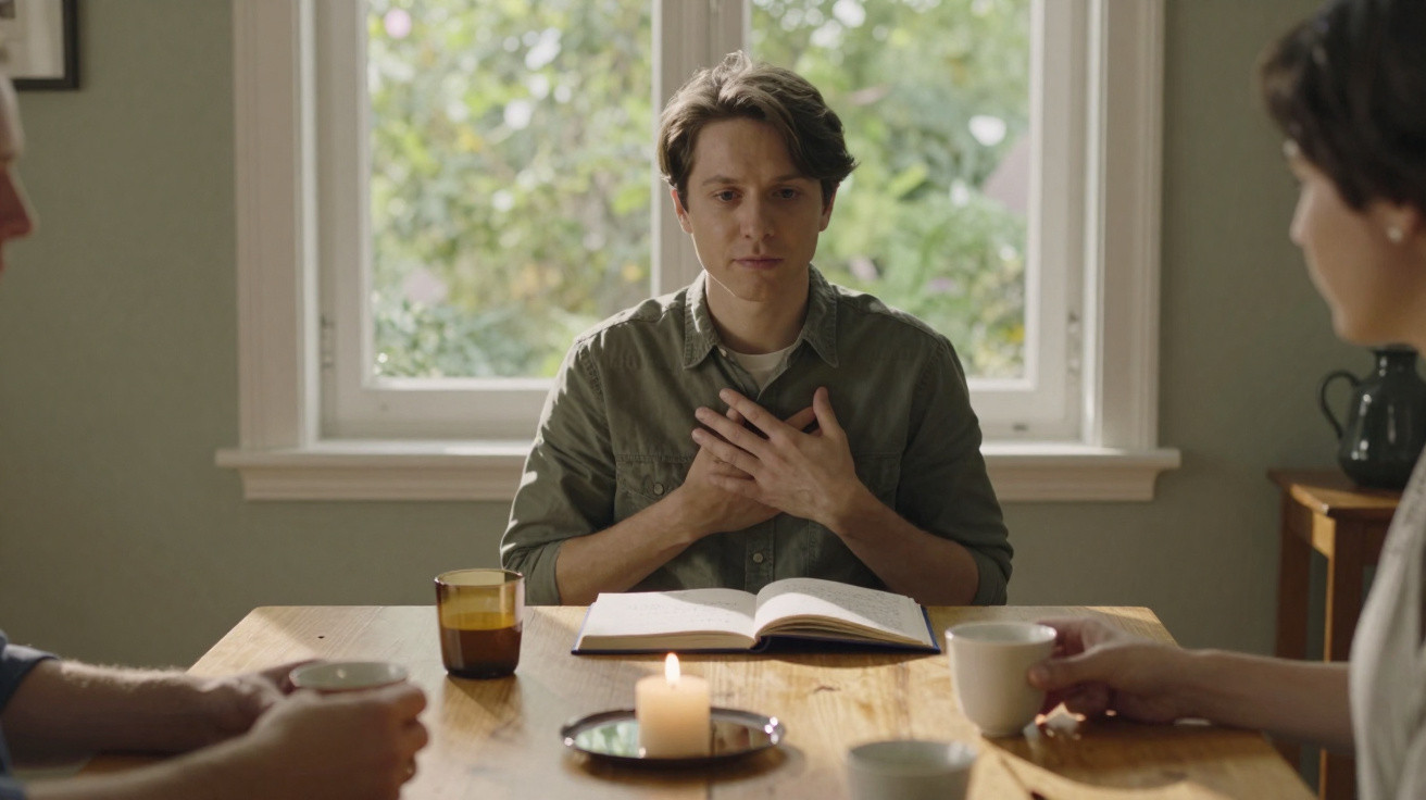 Young man with hands on chest speaking at a table with two people and a lit candle in a calm room
